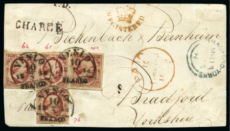 Stamp of Netherlands 1852, 10c dark red, four examples on registered letter front to Great Britain