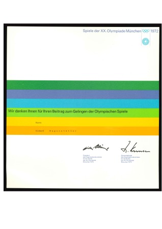 1972 Munich: Certificate for contributing to the success of the Olympic games