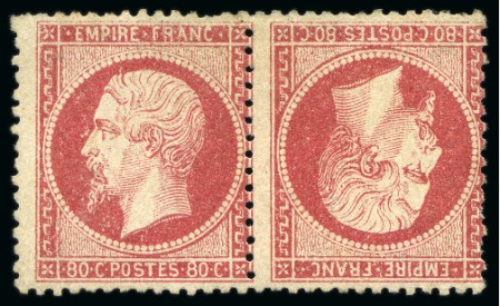 Stamp of France » Empire 1853-1862 1862, Empire dentelé 80c rose en paire TETE-BECHE