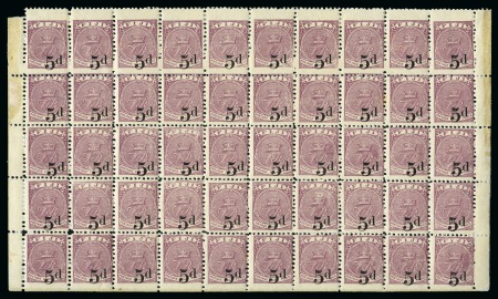Stamp of Fiji 1892-93 5d on 4d dull purple mint complete lower pane of 50 with imperf margin at foot