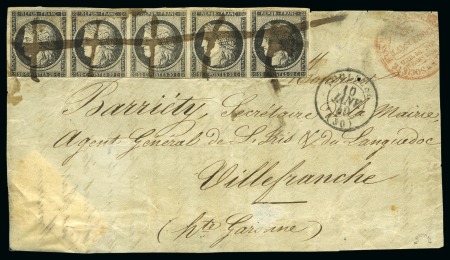 1849, Cérès 20c noir en bande de 5 sur devant de lettre