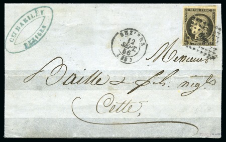 1856, Cérès 20c noir sur lettre du 12 septembre de Béziers