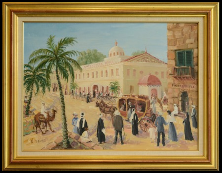 Stamp of Egypt Group of 4 oil paintings, incl. large one with the Shepheard's Hotel and the Posta Europe