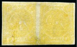 Stamp of Persia » 1868-1879 Nasr ed-Din Shah Lion Issues » 1876 Narrow Spacing (SG 15-19) (Persiphila 13-17) 1876 4kr. yellow, showing types 'CA', unused horizontal pair