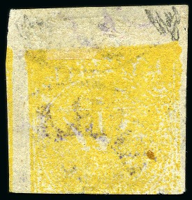 Stamp of Persia » 1868-1879 Nasr ed-Din Shah Lion Issues » 1876 Narrow Spacing (SG 15-19) (Persiphila 13-17) 1876 4kr yellow on laid paper, used single, showing PRINTED BOTH SIDES, OPPOSITE DIRECTION