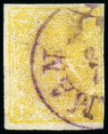 Stamp of Persia » 1868-1879 Nasr ed-Din Shah Lion Issues » 1876 Narrow Spacing (SG 15-19) (Persiphila 13-17) 1876 4kr yellow, used single, showing PRINTED BOTH SIDES, OPPOSITE DIRECTION