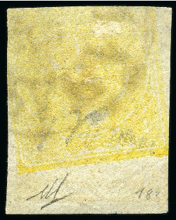 1876 4kr. yellow, used single, showing PRINTED BOTH SIDES, SIDEWAYS DIRECTION