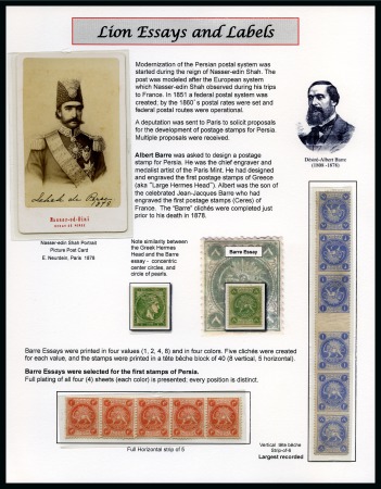 Stamp of Persia » 1868-1879 Nasr ed-Din Shah Lion Issues » 1865 Essays 1867 Barre essays, neatly written album pages describing