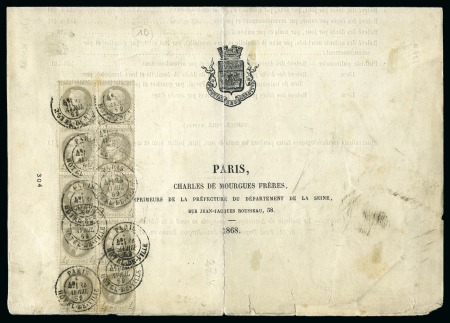 Stamp of France » Empire Lauré 1868, Empire Lauré 4c gris en bloc de 10 sur document