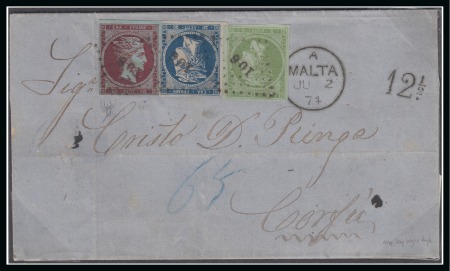 Stamp of Greece » Large Hermes Heads » 1871-76 Meshed paper issue 40 Lep, deep bright purple (Groseille), 20 Lep, deep blue, 5 Lep, green, all on transparent paper, and tied by "106" lozenge, on 1874 unfranked folded cover from Malta to Corfu