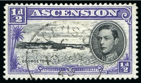 Stamp of Ascension » King George VI 1938-53 1/2d Black & Bluish Violet showing variety "torpedo flaw" used and mint nh block of four showing "long centre bar to E"