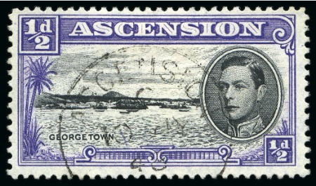 1938-53 1/2d Black & Bluish Violet showing variety "torpedo flaw" used and mint nh block of four showing "long centre bar to E"