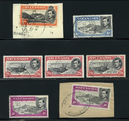 Stamp of Ascension » King George VI 1938-53 Group of used incl. 6d perf.13, 2s6d perf. 13 (2) and perf.13 1/2 and 10s perf.13 1/2 (2, one on piece)