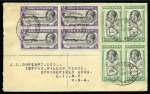 1934 1/2d to to 3d in blocks of four tied to three covers sent registered to the USA 