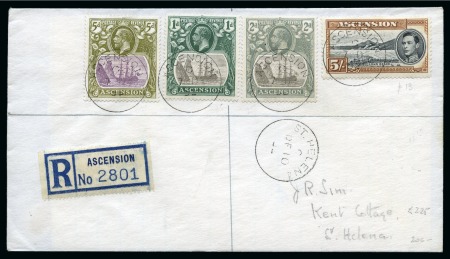 1938-53 5s Black & Yellow-Brown perf.13 on cover sent registered to St. Helena along with 1924-33 1d, 2d & 5d