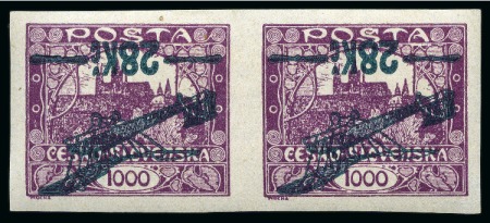 Stamp of Czechoslovakia 1920, 14Kc on 200h, 24K on 500h, and 28Kc on 1,000h, imperf. set in pairs showing inverted overprint with offset, 
