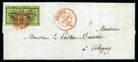 Stamp of Switzerland / Schweiz » Kantonalmarken » Genf 1843, 5+5 c. Doppelgenf auf vollständigem Faltbrief nach Cologny adressiert mit Abstempelung übergehend