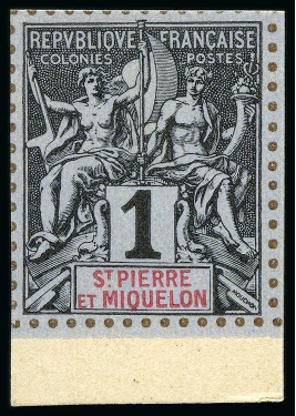 Stamp of Colonies françaises » St. Pierre et Miquelon 1893, Type groupe 1c noir sur azuré, tirage sur bristol