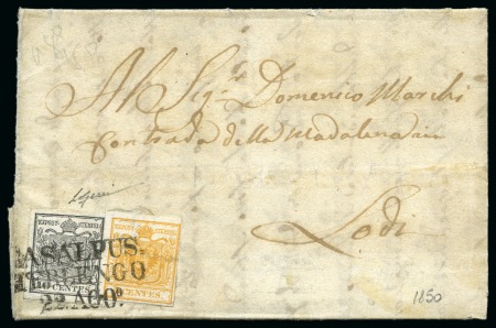 1850, 5 c. giallo rancio, prima tiratura, e 10 c. grigio nero, prima tiratura, su lettera da Casalpusterlengo