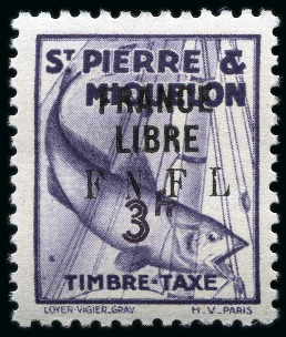 Stamp of Colonies françaises » St. Pierre et Miquelon 1942, FRANCE LIBRE rare timbre-taxe Morue n°66 3 francs