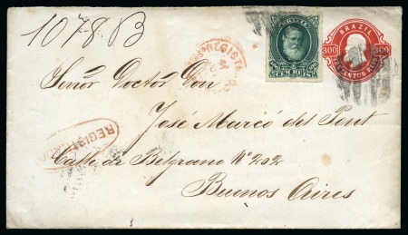 1889 (July 11). Registered 300r red postal stationery envelope from Rio de Janeiro to Buenos Aires, additionally franked with 1878-79 100r