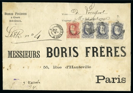 1886 (Oct). Boris Frères cover to Paris carried via Liverpool by the "Maranhense", franked by 1876-77 80r and 1878-79 1,000r strip of three 