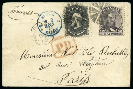both 1868 (May)-1869 (June). Two covers from Rio de Janeiro and Campinas to Paris, bearing 1866 80r and 200r, one carried via the British P.O., difficult to find in this delightful condition.