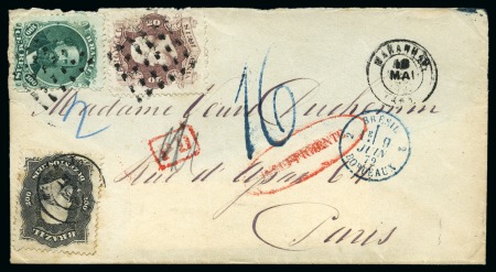 1872 (May 18). Envelope (part of the back missing) to Paris, franked by 1866 20r and 100r tied by dotted square cancel, as well as 200r , insufficiently paid