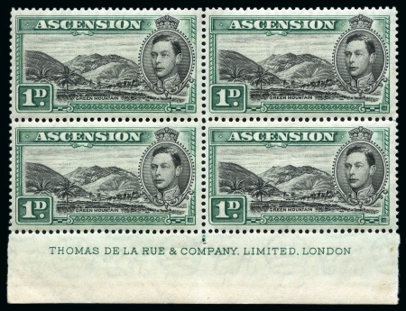 Stamp of Ascension » King George VI 1938-53 1d Green & Black perf.13 1/2 mint nh lower marginal block of four with De La Rue printer's imprint
