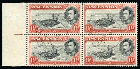 Stamp of Ascension » King George VI 1938-53 1 1/2d Black & Vermilion showing variety "Davit flaw" in left marginal used block of four