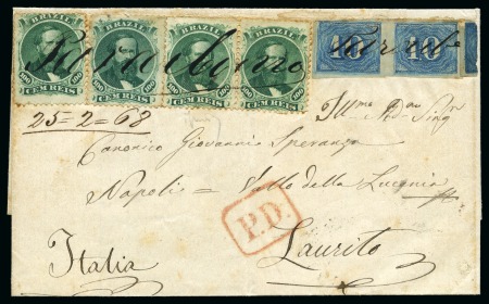 1868 (Feb 25). Folded cover form Paraibuna to Laurito,1854 10r blue, pair and single, the latter with the part overlapping the edge missing, and 1866 100r two singles and pair
