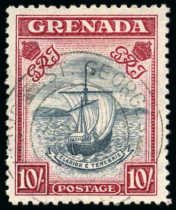 Stamp of Grenada 1938-50 10s Slate-Blue & Bright Carmine (narrow frame) perf.12 group of 3 with different with "Madame Joseph" forged datestamps