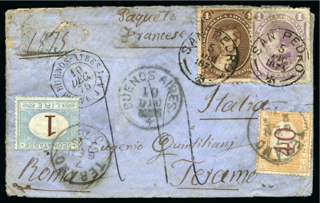 1875 (Dec 5). Envelope from San Pedro to Teramo, Italy, paying internal rate with 1873 1c purple and 4c brown
