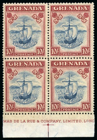 Stamp of Grenada 1938-50 10s Steel Blue & Carmine (narrow frame) perf.12x13 in mint lh lower marginal block of four