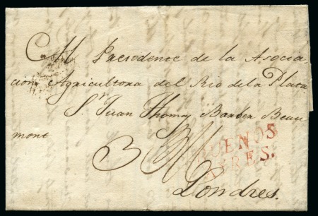 Stamp of Argentina » Postal History 1825 (Sept 9) Entire letter from Buenos Aires to London, with "BUENOS/AYRES." two-line hs in red, charged "3/6"