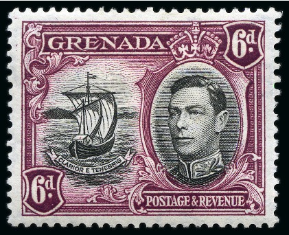 Stamp of Grenada 1938-50 6d Black & Purple showing variety "extra window and broken handrail", mint hr