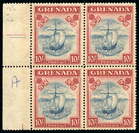 Stamp of Grenada 1938-50 10s Steel-Blue & Bright Carmine (narrow frame) perf.14 in mint nh left marginal block of four