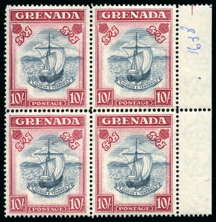 Stamp of Grenada 1938-50 10s Slate-Blue & Bright Carmine (narrow frame) perf.14 in mint right marginal block of four