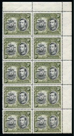 Stamp of Grenada 1938-50 3d Black & Brown Olive perf.12 showing variety "colon flaw" in mint nh top right corner marginal block of 10