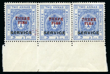 Stamp of Indian States » Bhopal OFFICIALS: 1935-36 3p on 2a ultramarine showing variety "THRFE" for "THREE" in mint nh lower marginal strip of three