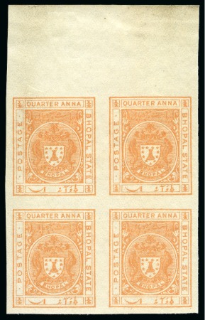 Stamp of Indian States » Bhopal OFFICIALS: 1935-34 1/4a Orange imperf. block of 4 with no overprint from Perkins Bacon archives
