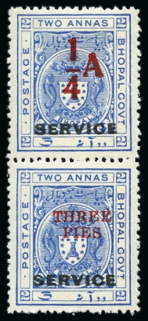 Stamp of Indian States » Bhopal OFFICIALS: 1935-36 1/4a on 2a ultramarine mint vertical se-tenant pair with 3p on 2a