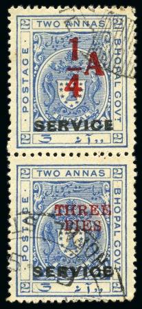 1935-36 1/4a on 2a ultramarine in used vertical se-tenant pair with 3p on 2a