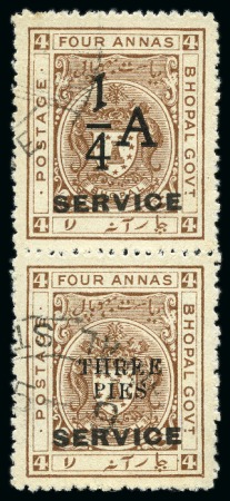 Stamp of Indian States » Bhopal OFFICIALS: 1935-36 1/4a on 4a chocolate used vertical se-tenant pair with 3p on 4a