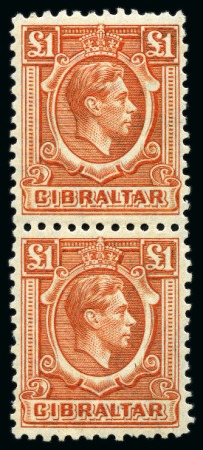 Stamp of Gibraltar 1938-51 £1 Orange-Brown (close to issued colour) comb PERF.12 (as opposed to the issued 13 1/2x14) in mint nh vertical pair, 