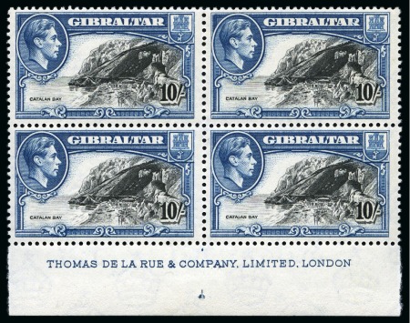 Stamp of Gibraltar 1938-51 10s Black & Blue perf.13 showing variety "broken R" in mint lower marginal block of four with De La Rue printer's imprint