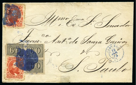 Stamp of Brazil » 1866-83 Dom Pedro 1873 (Jan 22). Folded cover from Campinas to Sao Paulo, franked by 1850 60r black in irregular block of three, and two examples of 1866 10r vermilion