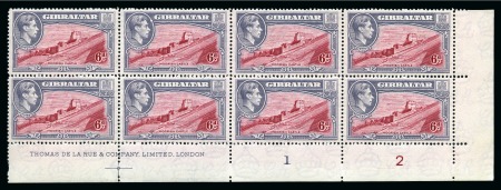 Stamp of Gibraltar 1938-51 6d Carmine & Grey-Violet perf.14 mint lower right corner marginal block of 8 with De La Rue printer's imprint and plate numbers