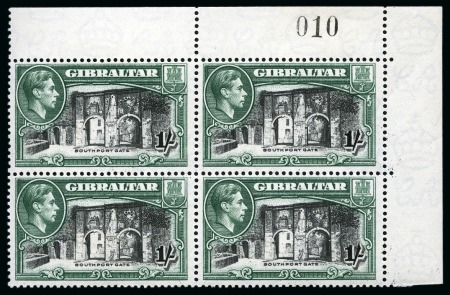 Stamp of Gibraltar 1938-51 1s Black & Green perf.13 1/2 in mint top right corner marginal block of four with sheet number 