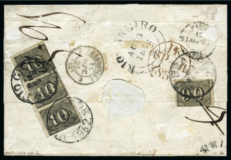 Stamp of Brazil 1850, 10r vertical strip of three and 90r single, paying the internal maritime rate on reverse of folded cover from Rio Grande to Marseilles